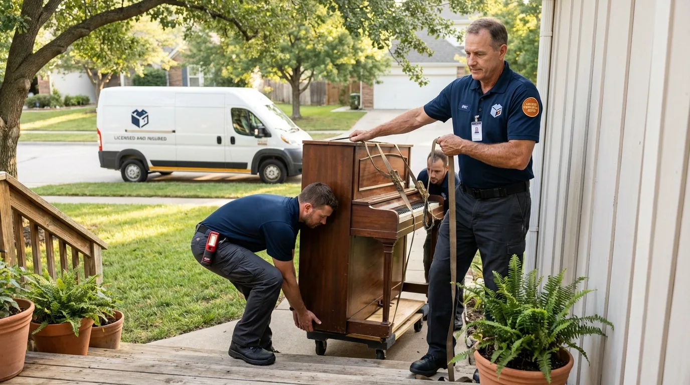 Licensed piano movers securing grand piano in Coffeyville, KS