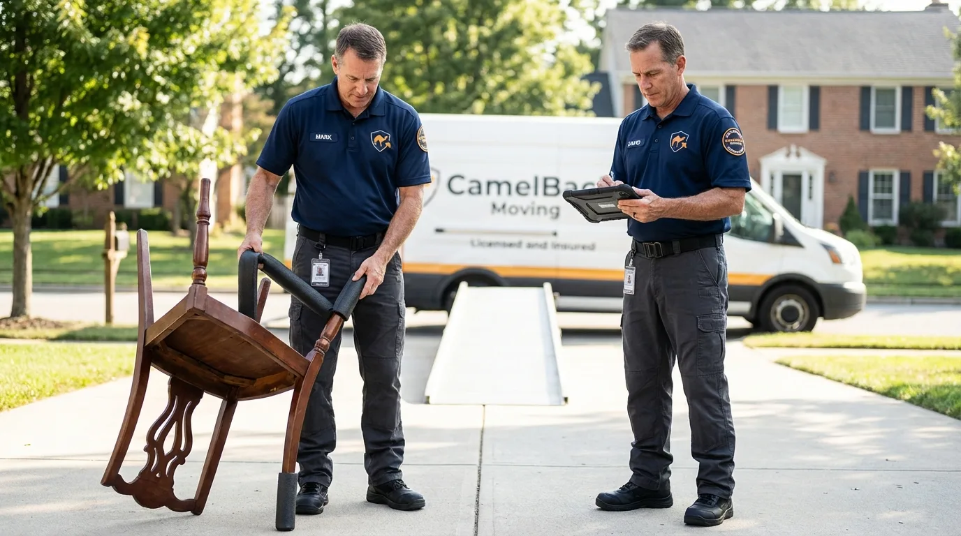 Movers inspecting furniture for damage prevention before loading in Coffeyville, KS