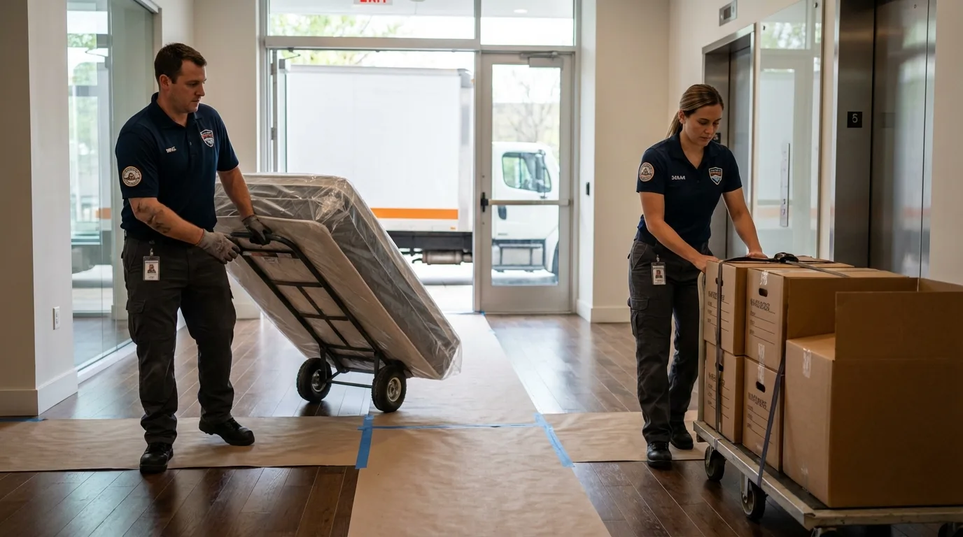 Professional apartment movers loading elevator in Coffeyville, KS