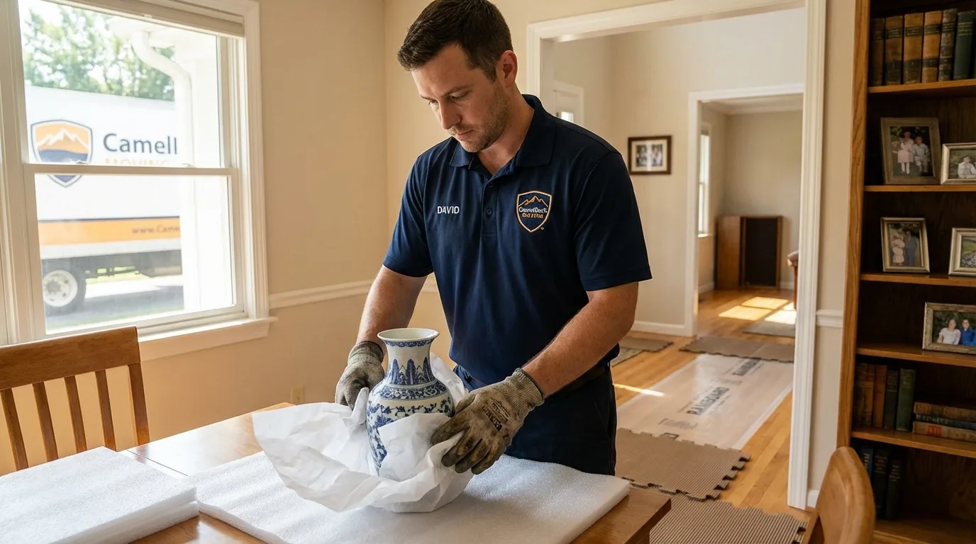 Professional crew carefully wrapping antique vase for senior downsizing move in Coffeyville, KS